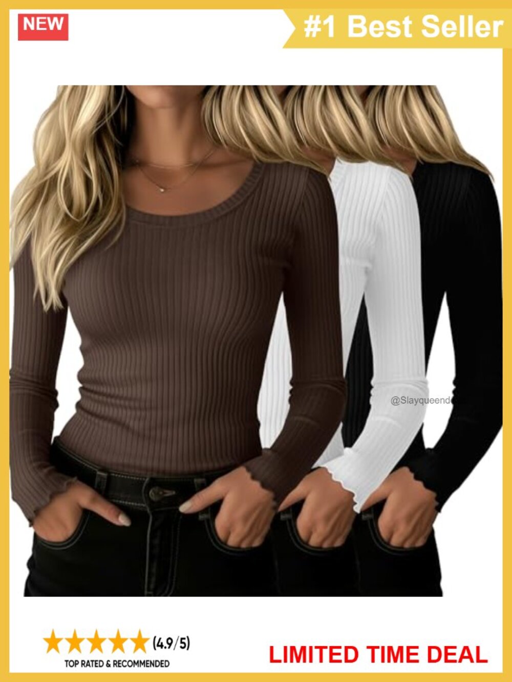 3 Pack Cotton Long Sleeve Ribbed Tops Women Slim Fit Crop Tees